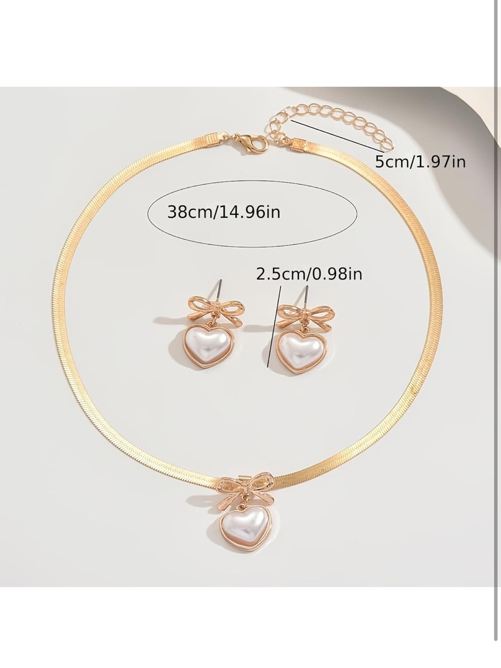 Anthropologie Gold Bow & Pearl Heart Necklace with Matching Earrings - Picture 2 of 5